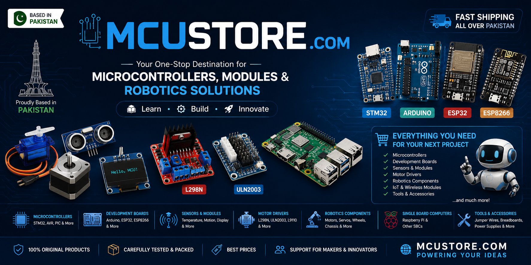 A promotional banner for MCUSTORE.COM showcasing various electronic microcontrollers, modules, and robotics solutions.